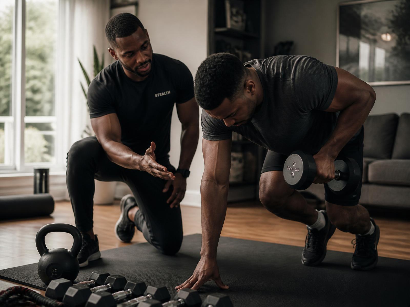 D2D Fitness trainer coaching a client at home